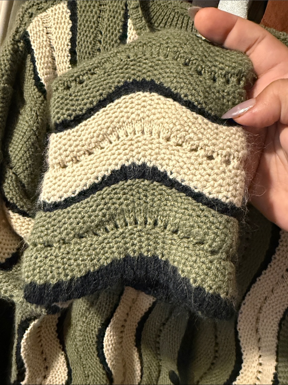 Olive & Cream Wavy Knit Button-Up Cardigan Sweater crop - Picture 6 of 6